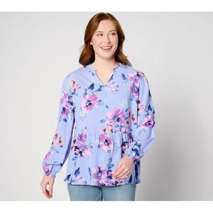 Fashion Women's Top Sz 2XS (XXS) Denim & Co. Printed Blouse Smocked Blue A643302